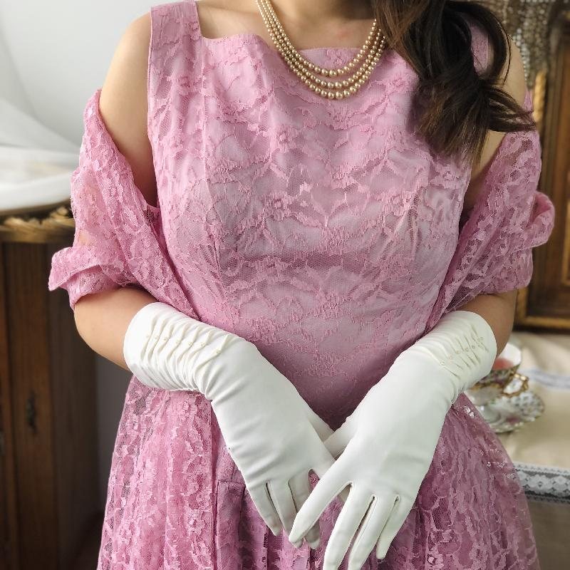 RARE! 1950s Soft Pink Lace Twin Set from Canada- Fit & Flare Dress with Outer(MT891)