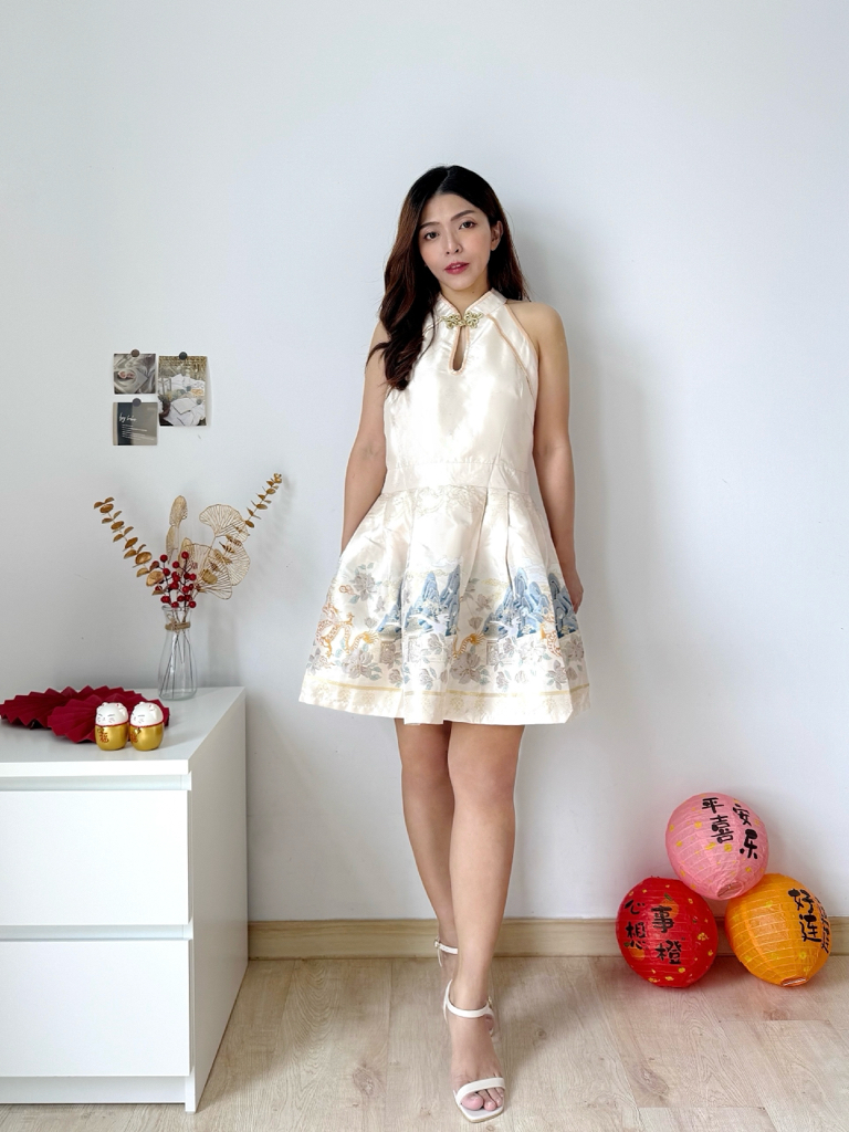 福利款原价RM109【Golden Phoenix Dress 锦绣烟雨 】新中式重工刺绣挂脖连衣裙（2 colours）Premium Quality