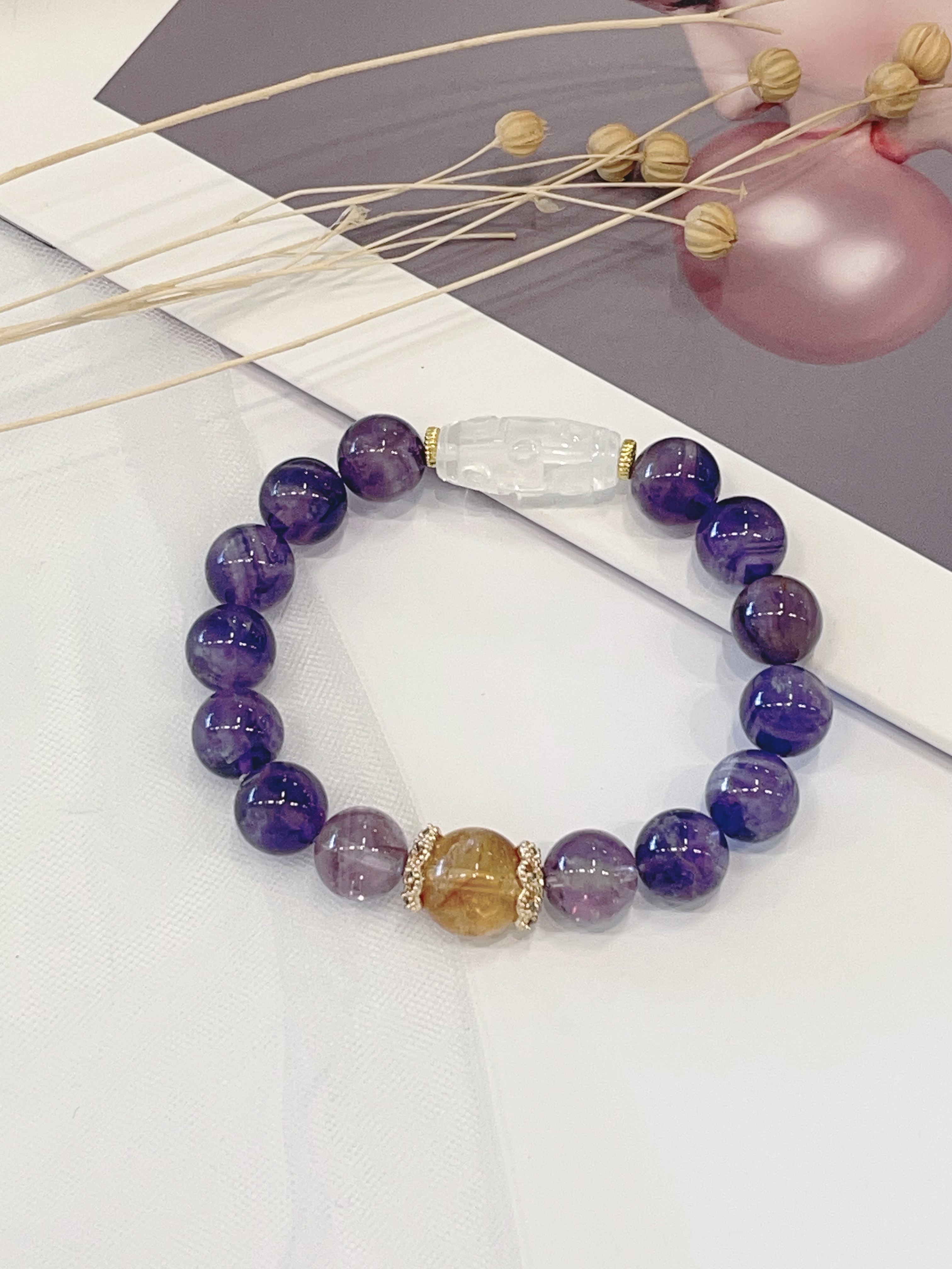 ✨ 黄塔晶 × 白水晶天竺 × 梦幻紫水晶 × 紫阿赛手串 Yellow Phantom Quartz & Clear Quartz Dzi & Dream Amethyst & Purple Azeztulite