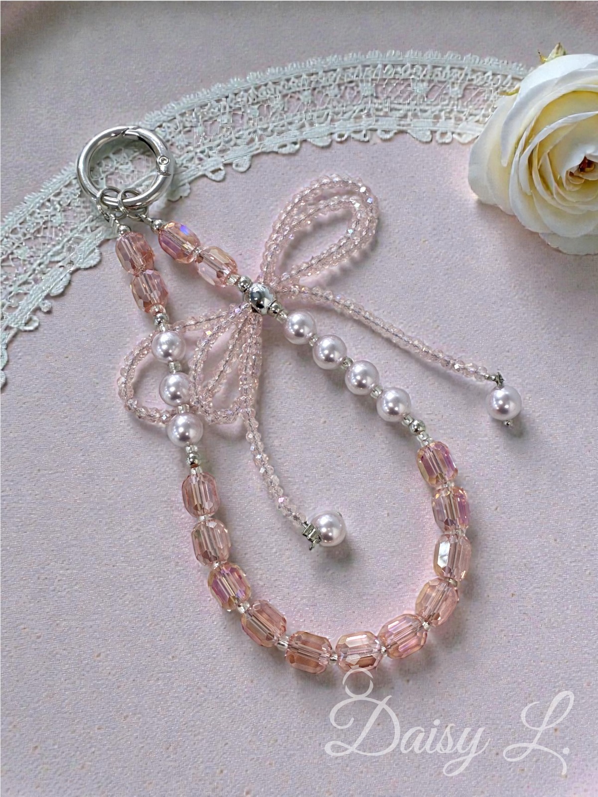 粉紅色水晶蝴蝶結手機掛繩