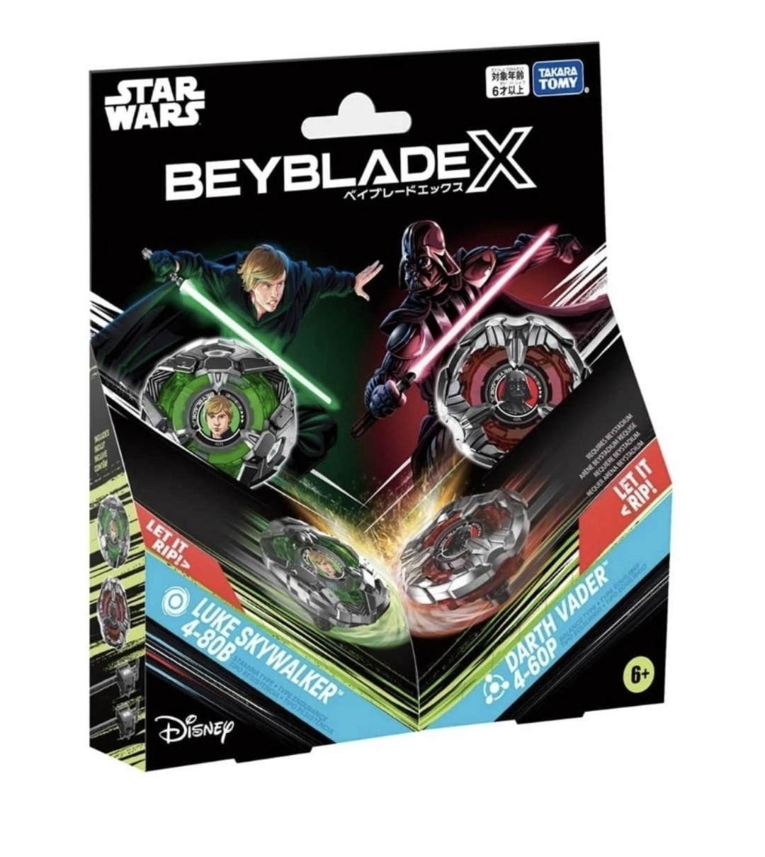 現貨 TAKARA TOMY 戰鬥爆旋陀螺 X 星際大戰聯名組合，包含路克·天行者與達斯·維達造型的陀螺