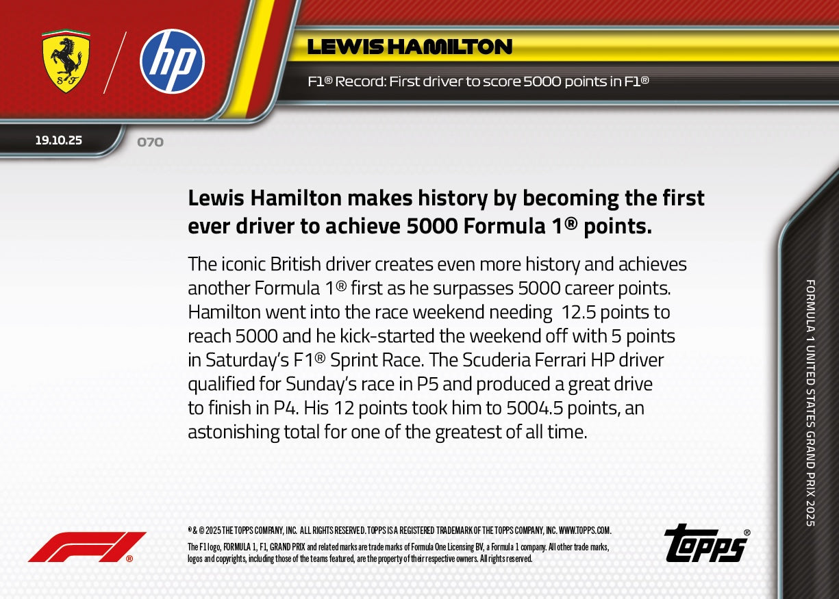 Lewis Hamilton - 2025 F1 Topps NOW® #70 United States GP 5000分紀錄卡｜PR 7,103