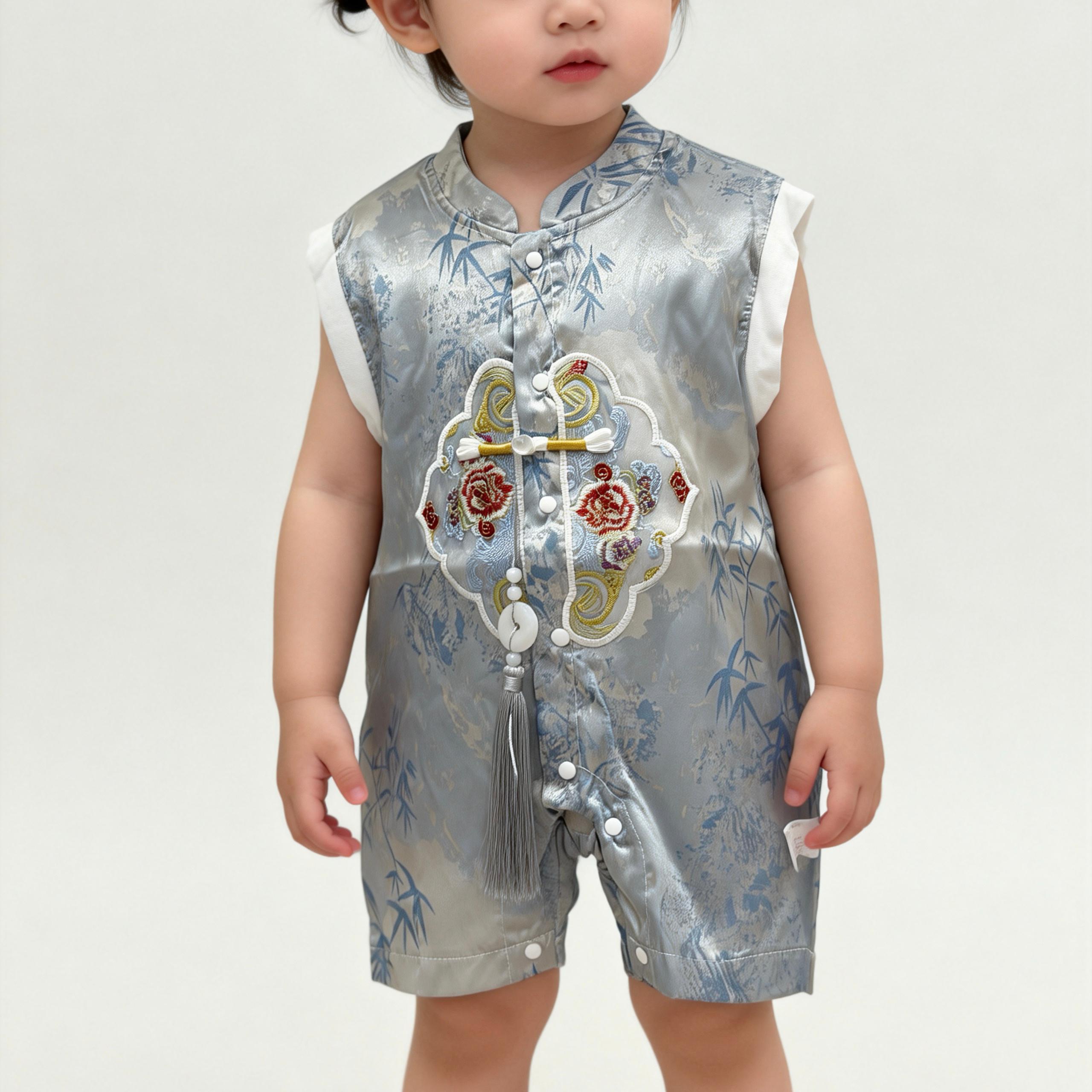 451483 | Elegant Baby Boy's Chinese Style Romper with Intricate Embroidery