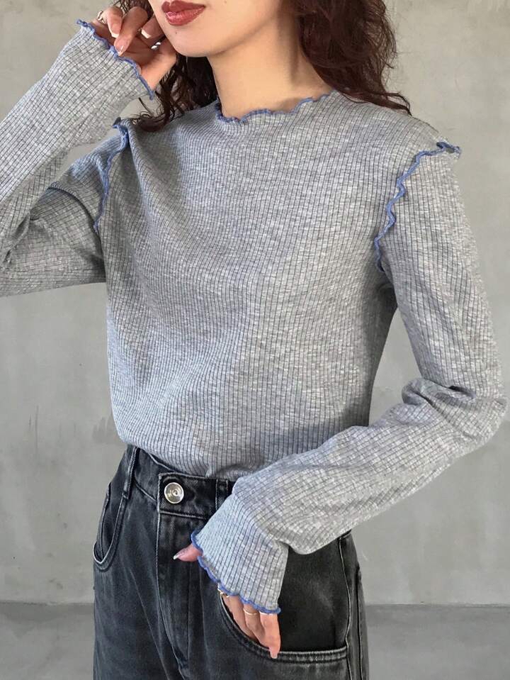 時尚羅紋長袖上衣 - 藍邊設計