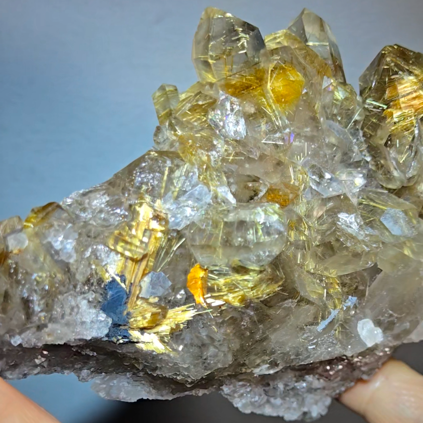 High-grade golden starburst rutiles on black hematite in quartz - RT1434