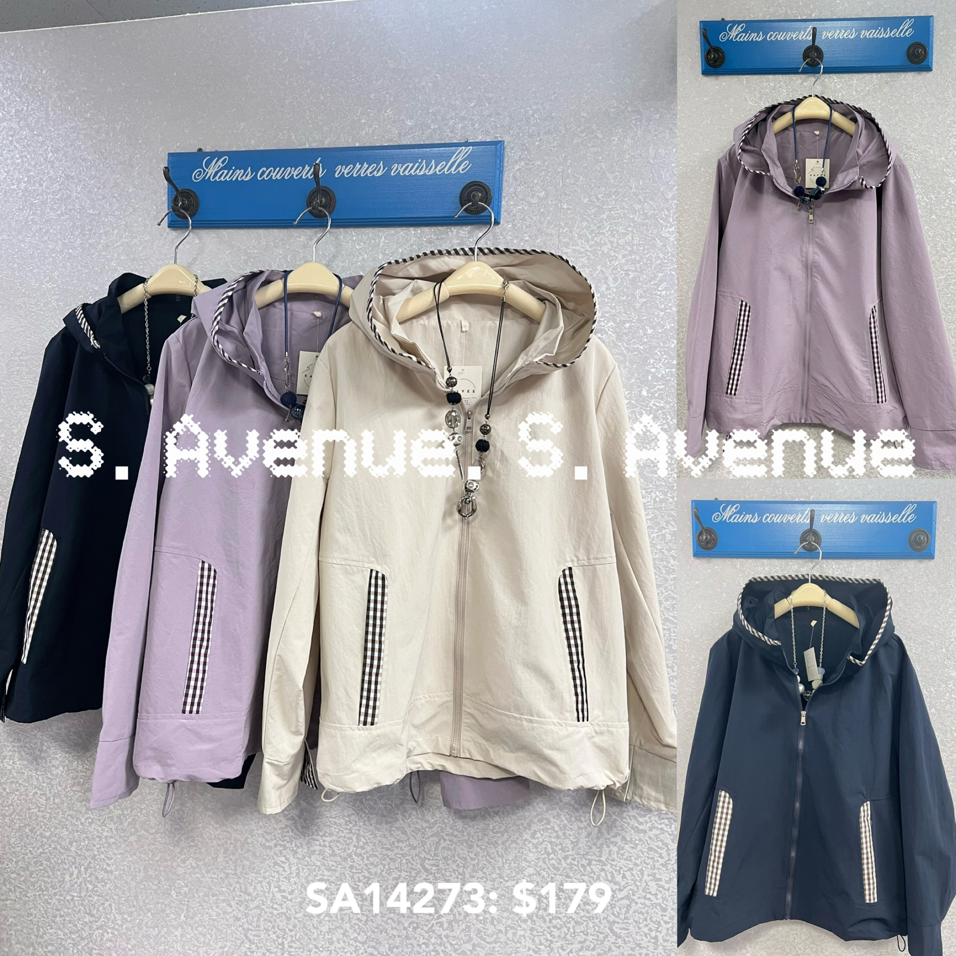 SA14273: 有帽長袖格仔邊拉錬外套