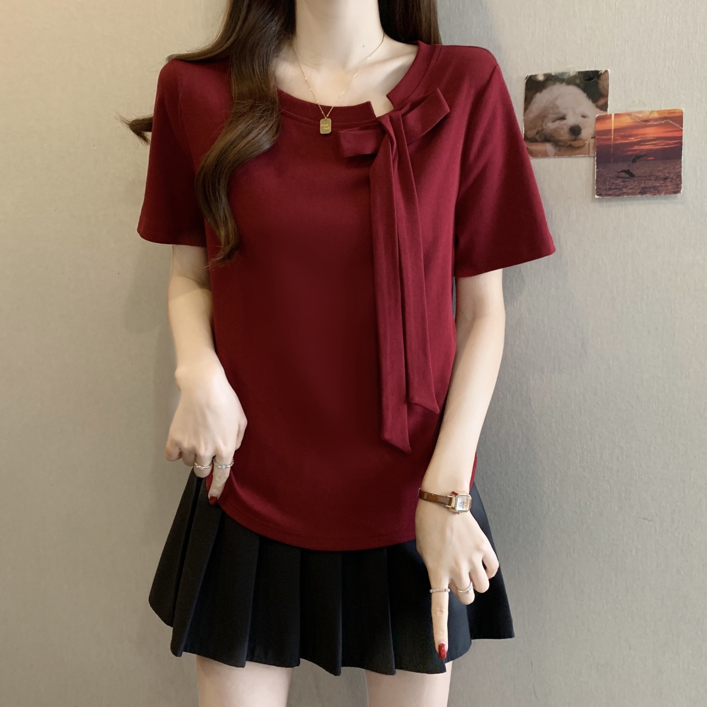 B72(80595) 韩版斜领边蝴蝶结系带设计感3色上衣