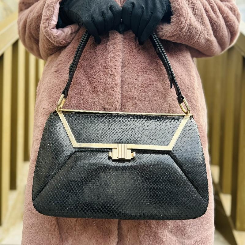 Vintage C.a. 1970s Black Snakeskin & Leather Adjustable Strap Two-Way Handbag from Argentina (MT2024)