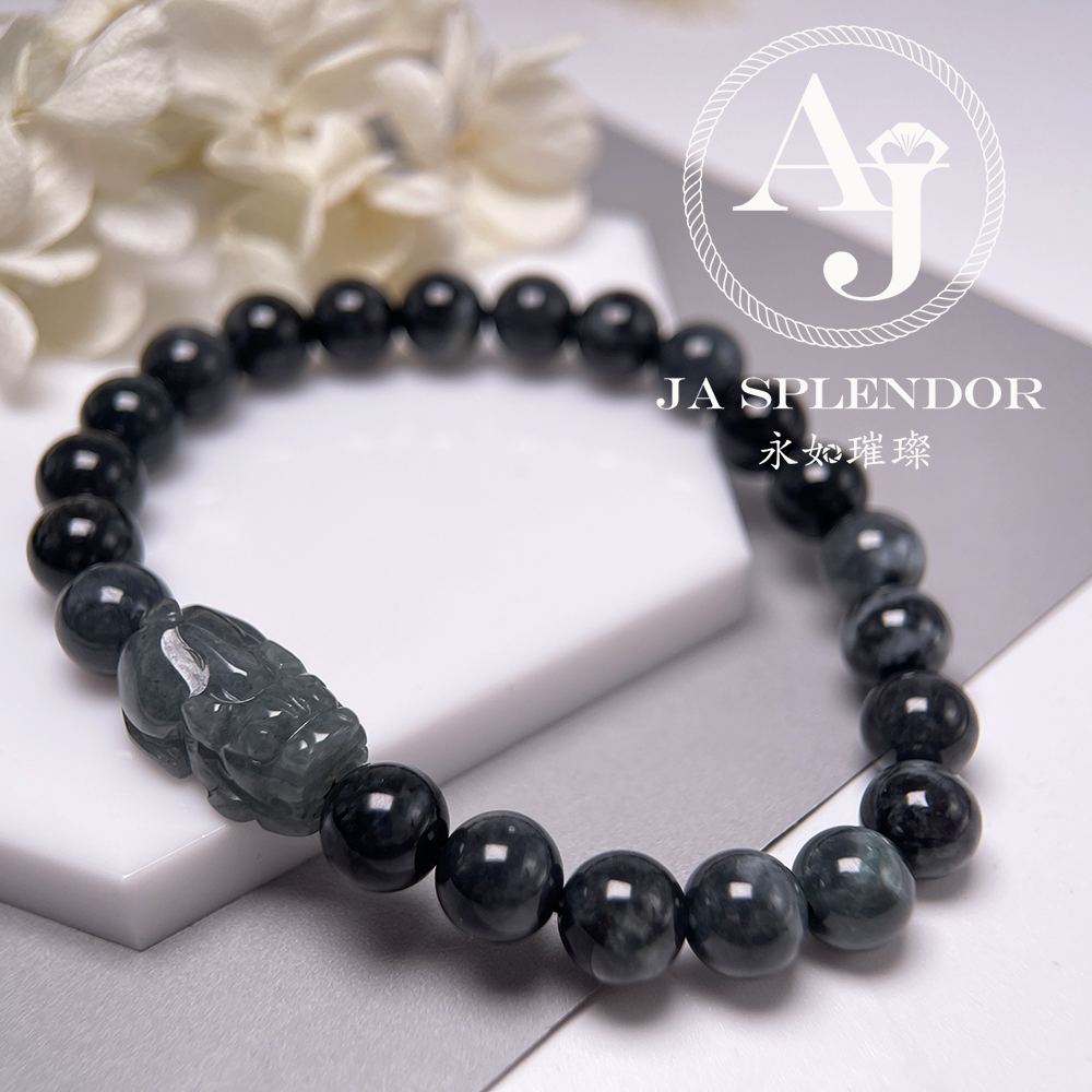 JN-3421 天然翡翠A玉 黑芝麻烏鷄招財鎮宅貔貅手串