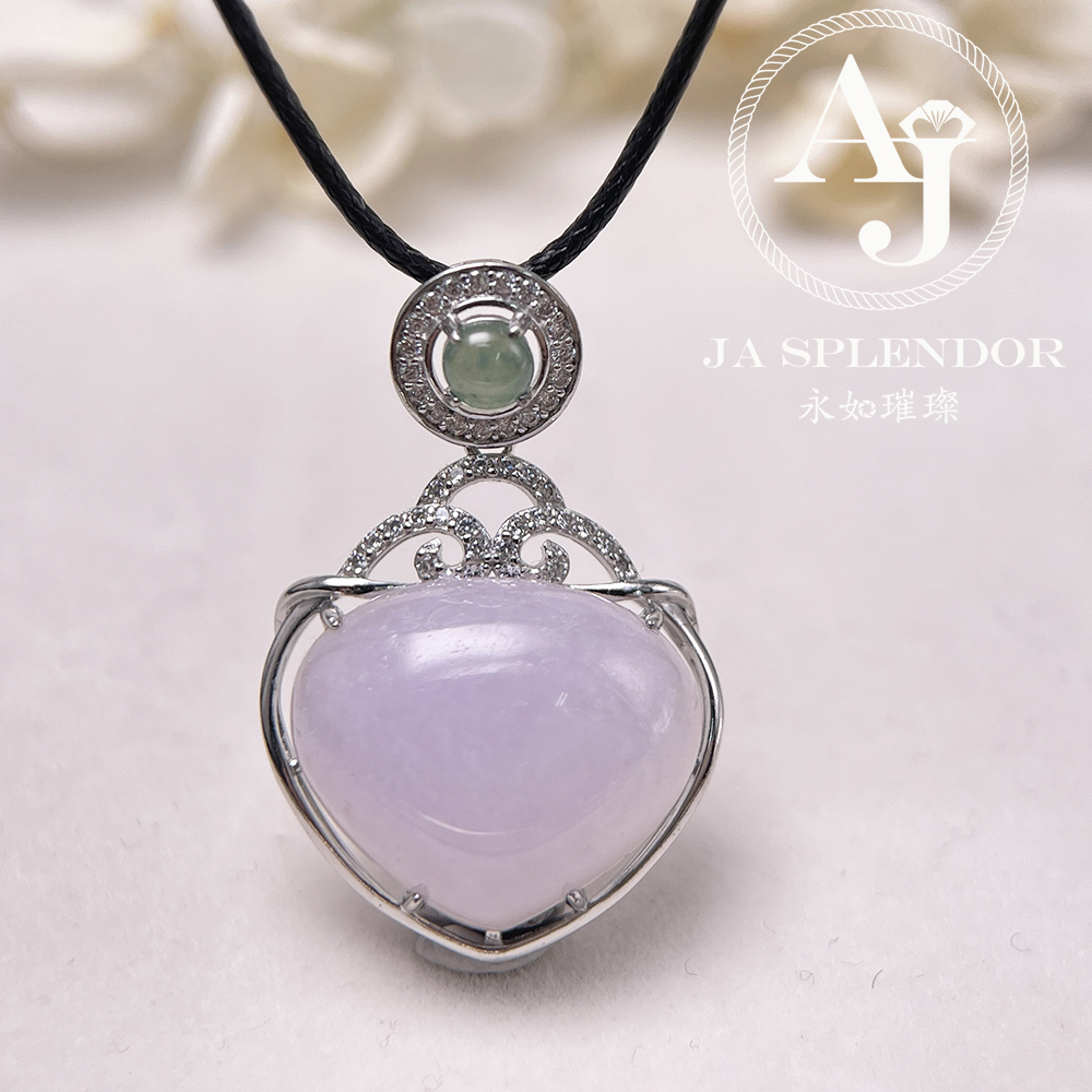 JNS-49 天然翡翠A 冰潤紫羅蘭心心相印綠色頂珠吊墜