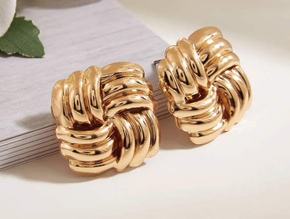 Twisted Square & Cross Button Stud Earrings