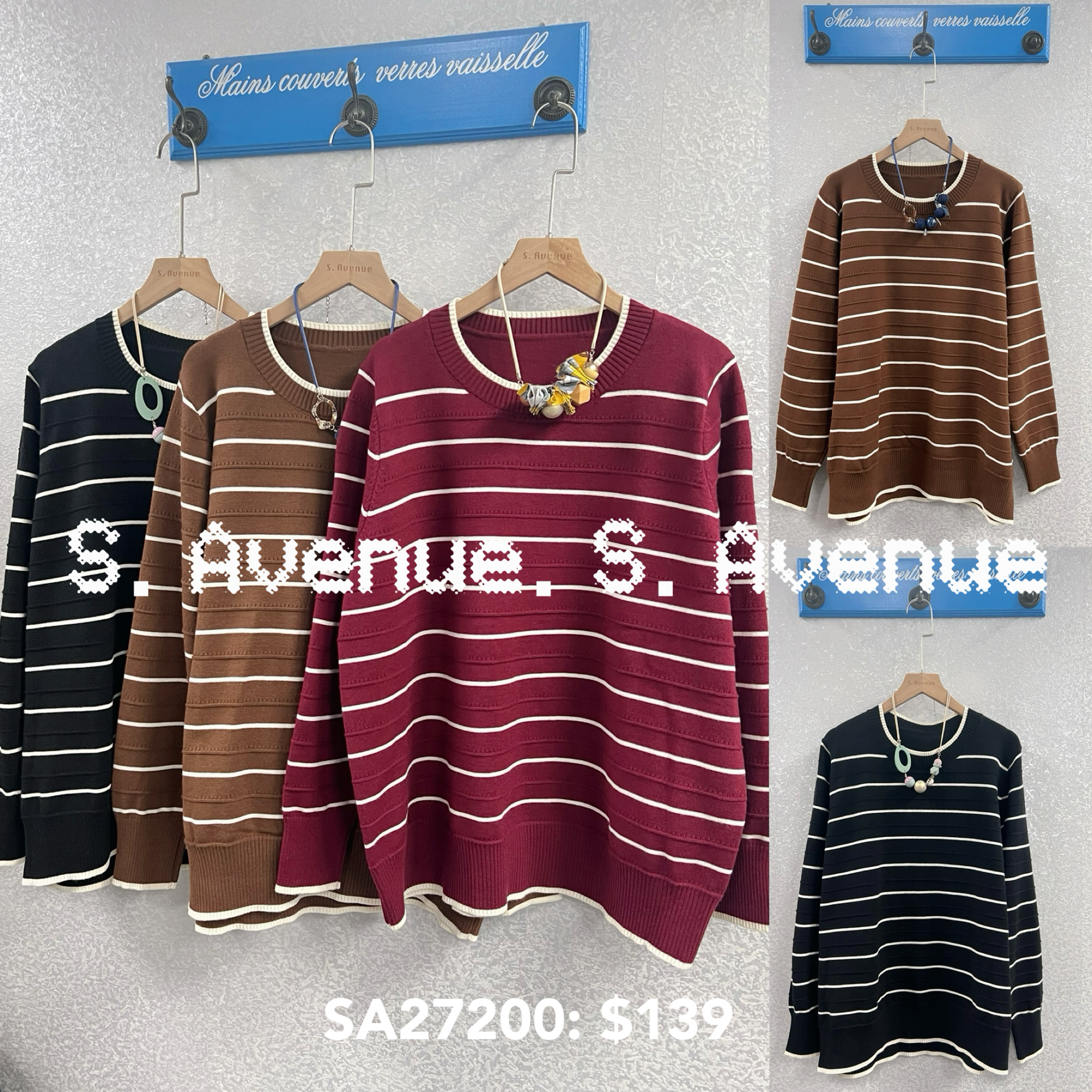 SA27200: 長袖撞色白邊領長身間條top