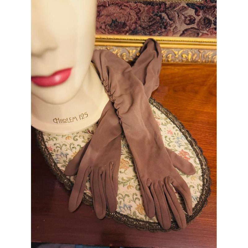 Vintage 1950-60s Opera-Length/ Long Gloves with Pleated Details - Brown(MT2256)