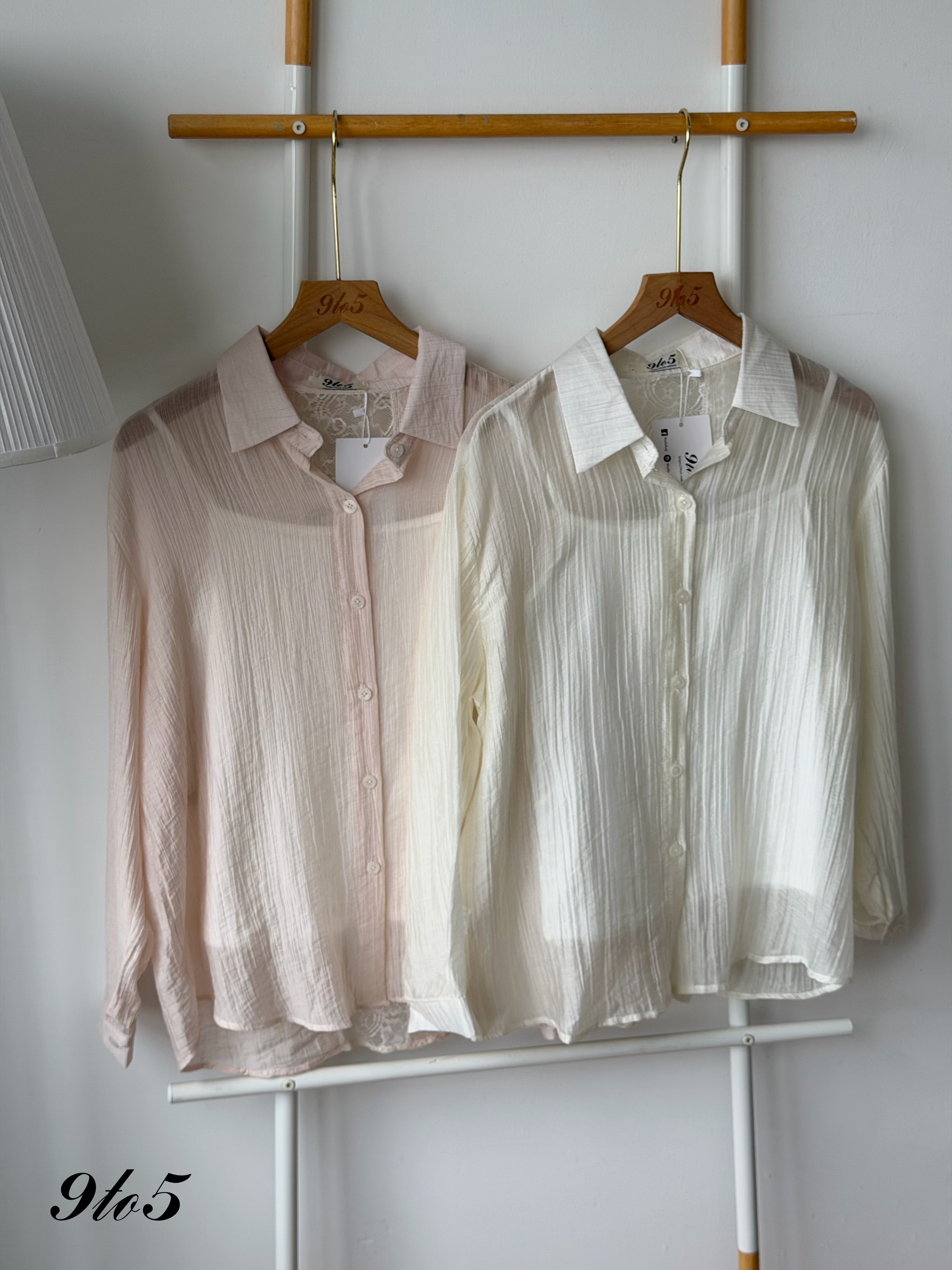 T4459 Long Sleeve Semi-sheer Shirt - Cream & Pink