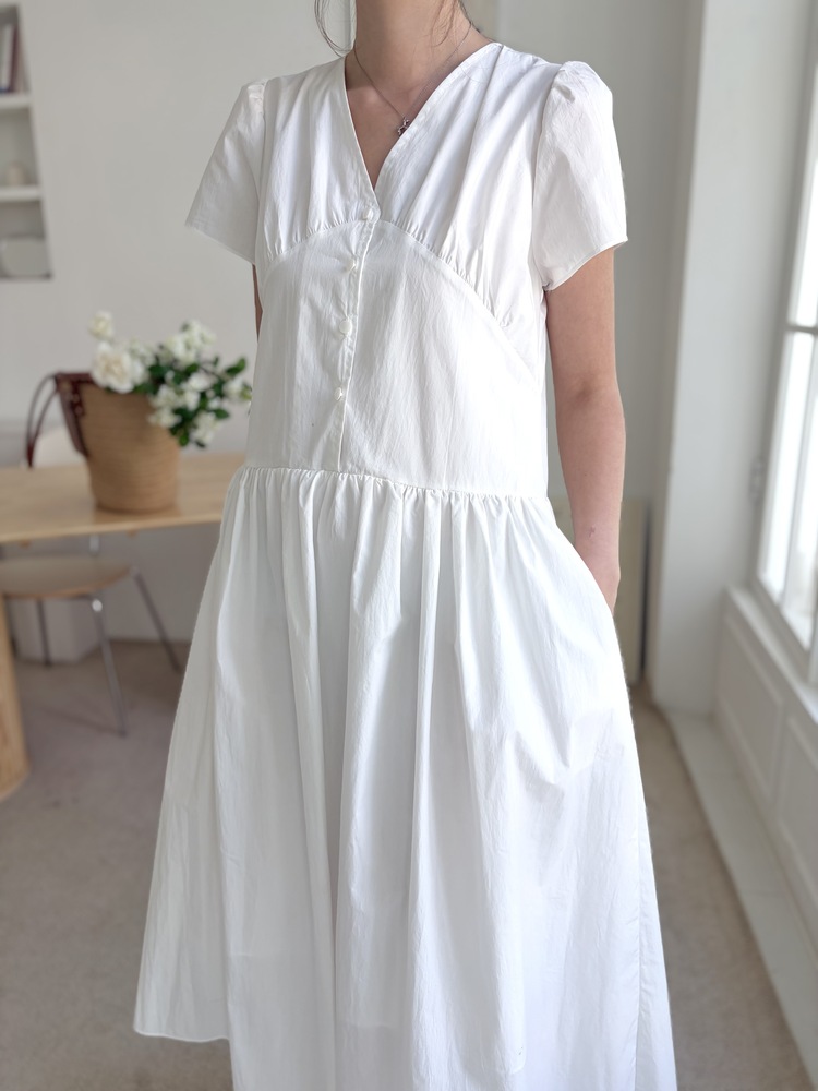 Airy Button Front Long Dress (White)