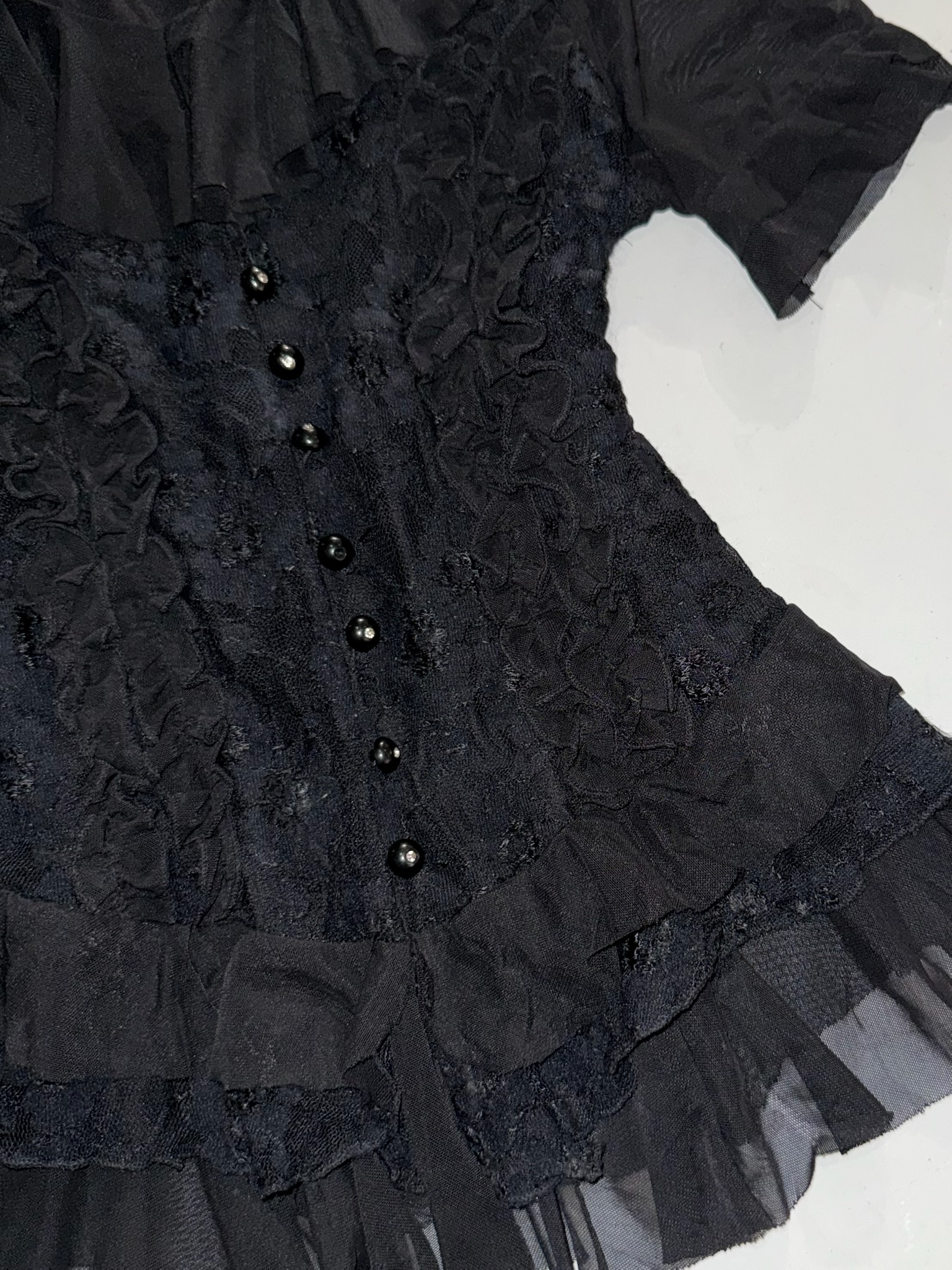 Textured Lace Peplum Top with Ruffled Collar