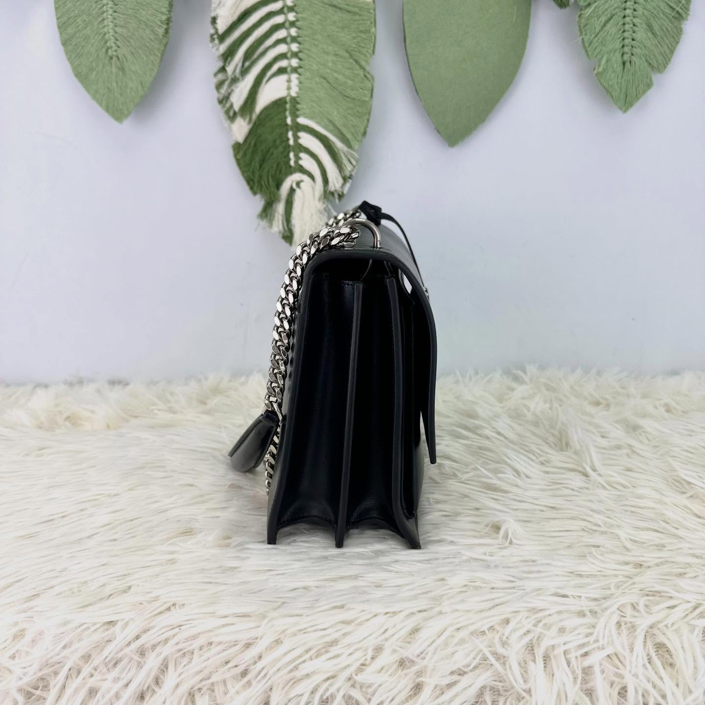 YSL 🤍PRE OWNED SUNSET 黑銀光面牛皮郵差包 Large Size🖤