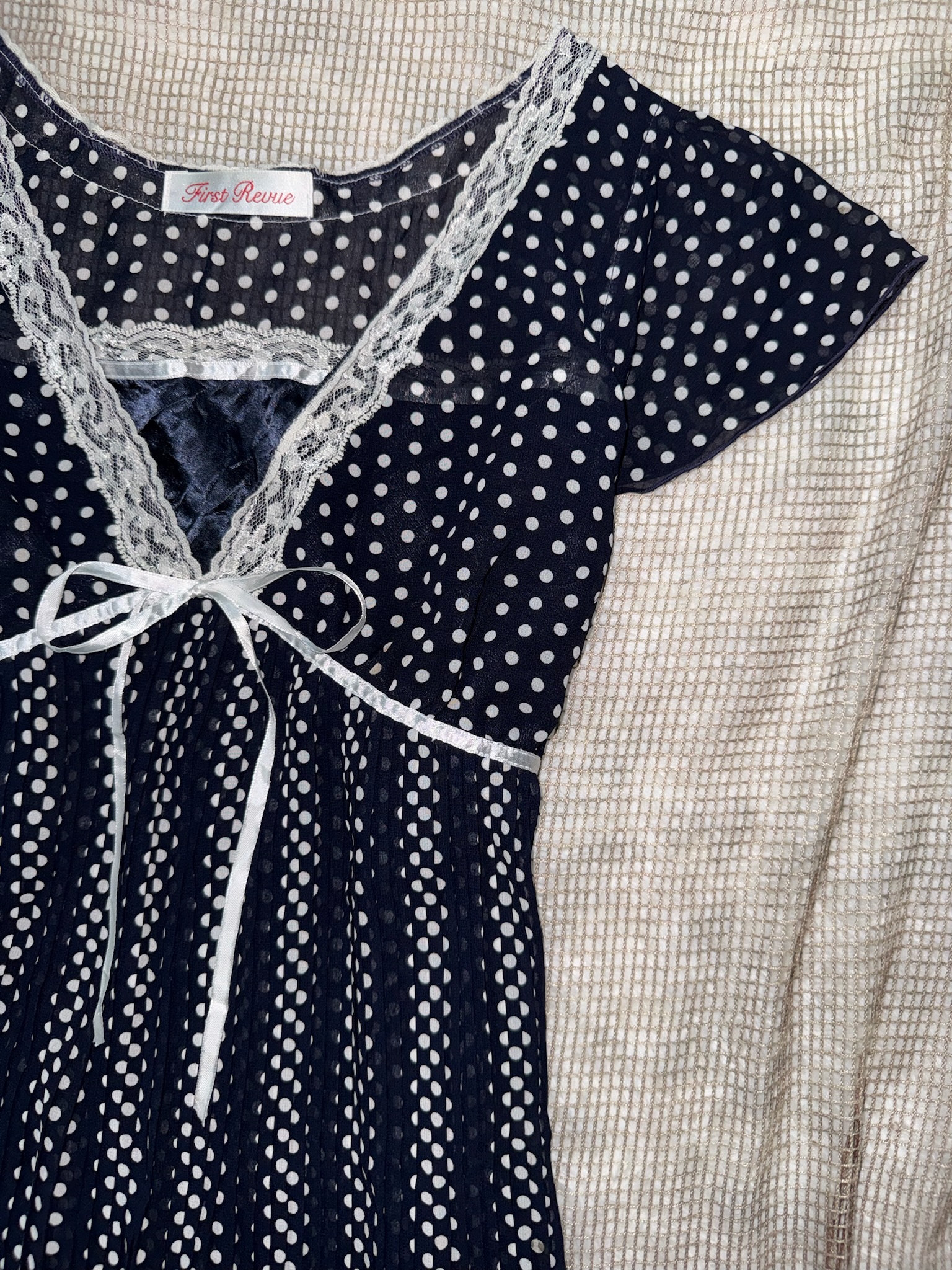 Lace-Trimmed Polka Dot Cap Sleeve Blouse