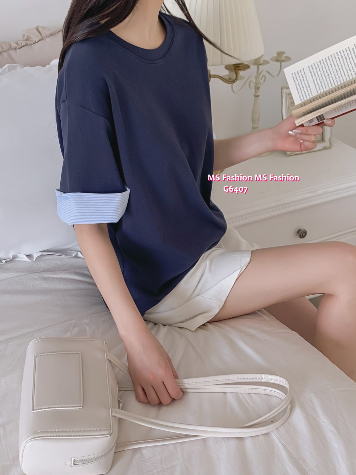 G6407 拼條子袖口top