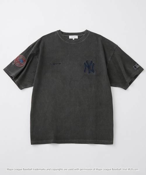 日本直送MLB刺繡T恤  MLB/美國職棒大聯盟 定製 徽章刺繡 復古加工短袖T恤男女可穿