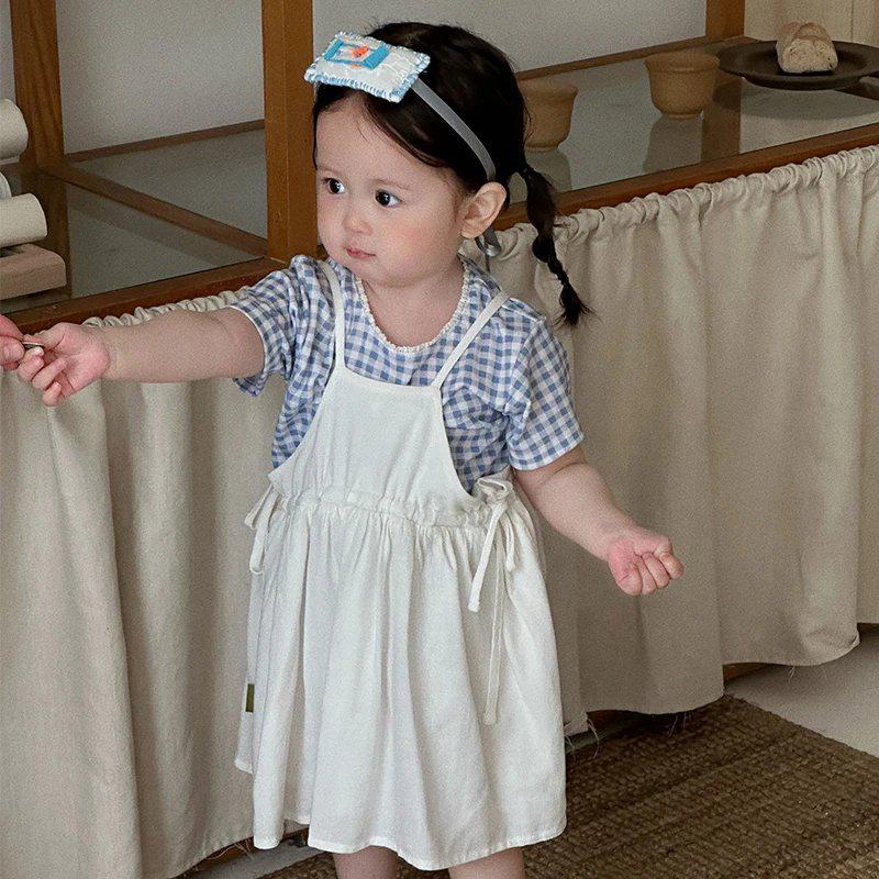 兒童藍白格紋連衣裙套裝YZ25231