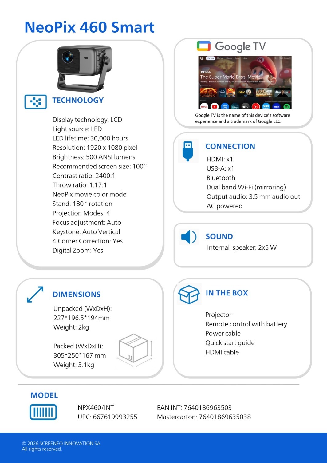 Philips NeoPix 460 Smart Projector | 飛利浦 NeoPix 460 Smart 家用投影機 | 投影機 | 1080p | 內置 Google TV 及全自動對焦