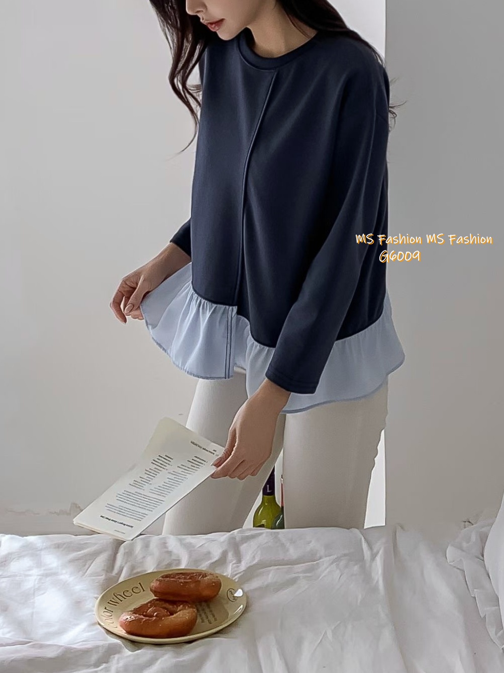 G6009 韓國🇰🇷拼色ruffle衫腳top