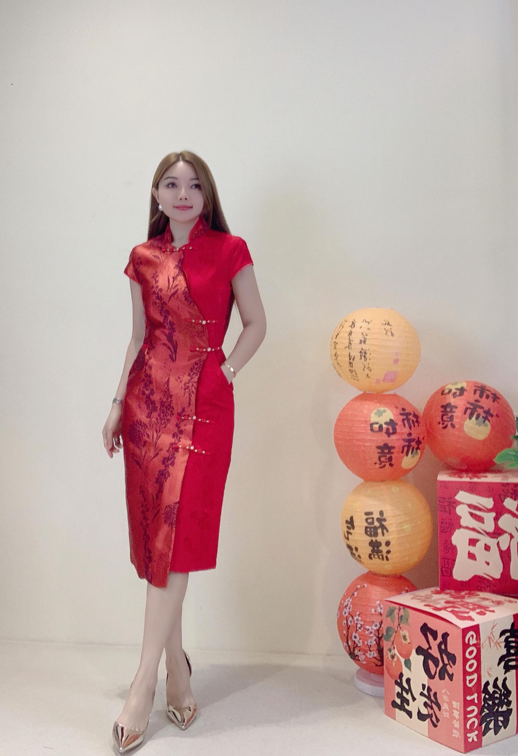 双色旗袍连身裙 红色2126