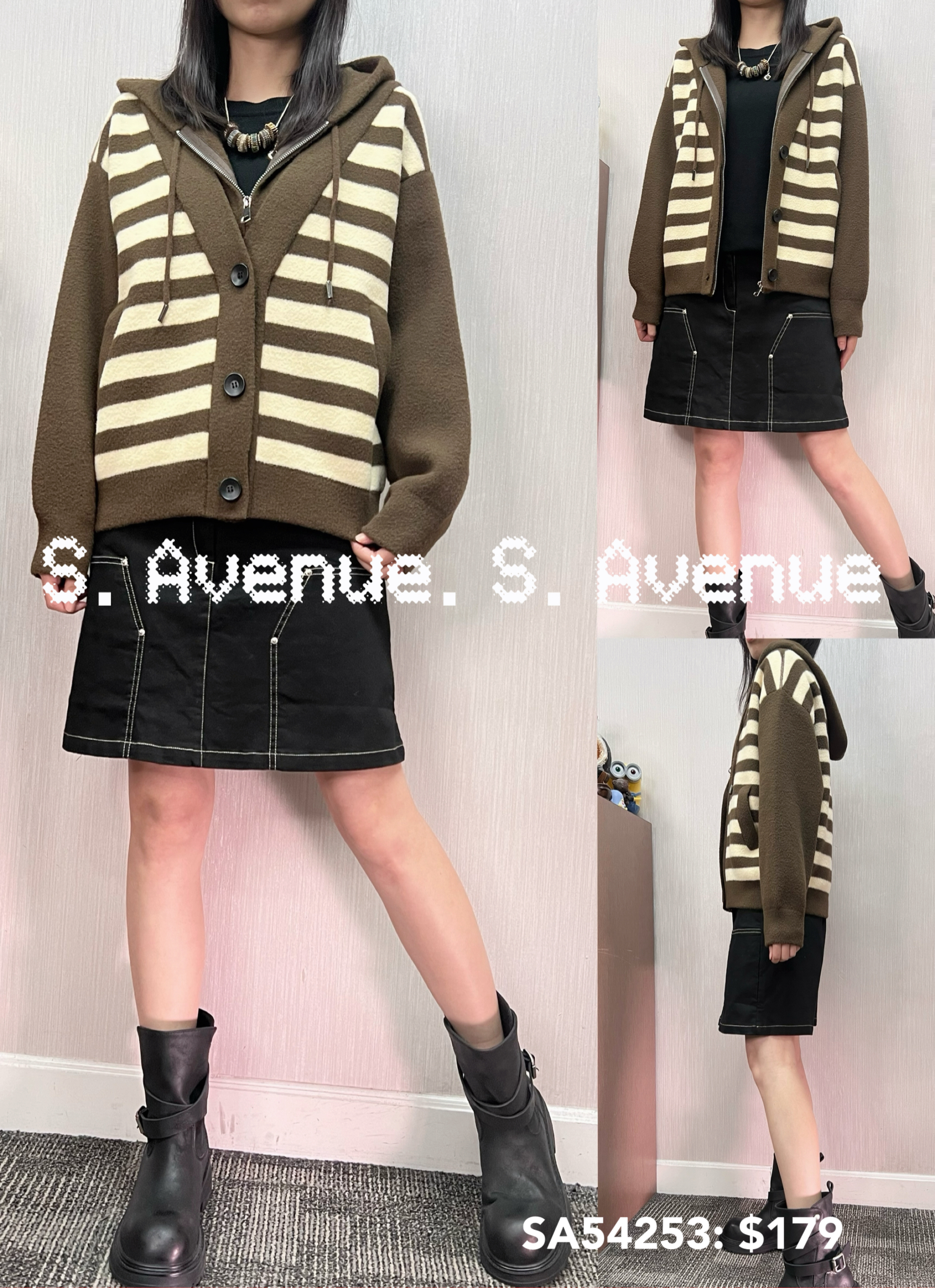 SA54253: 有帽間條有拉鍊和鈕假兩件褸