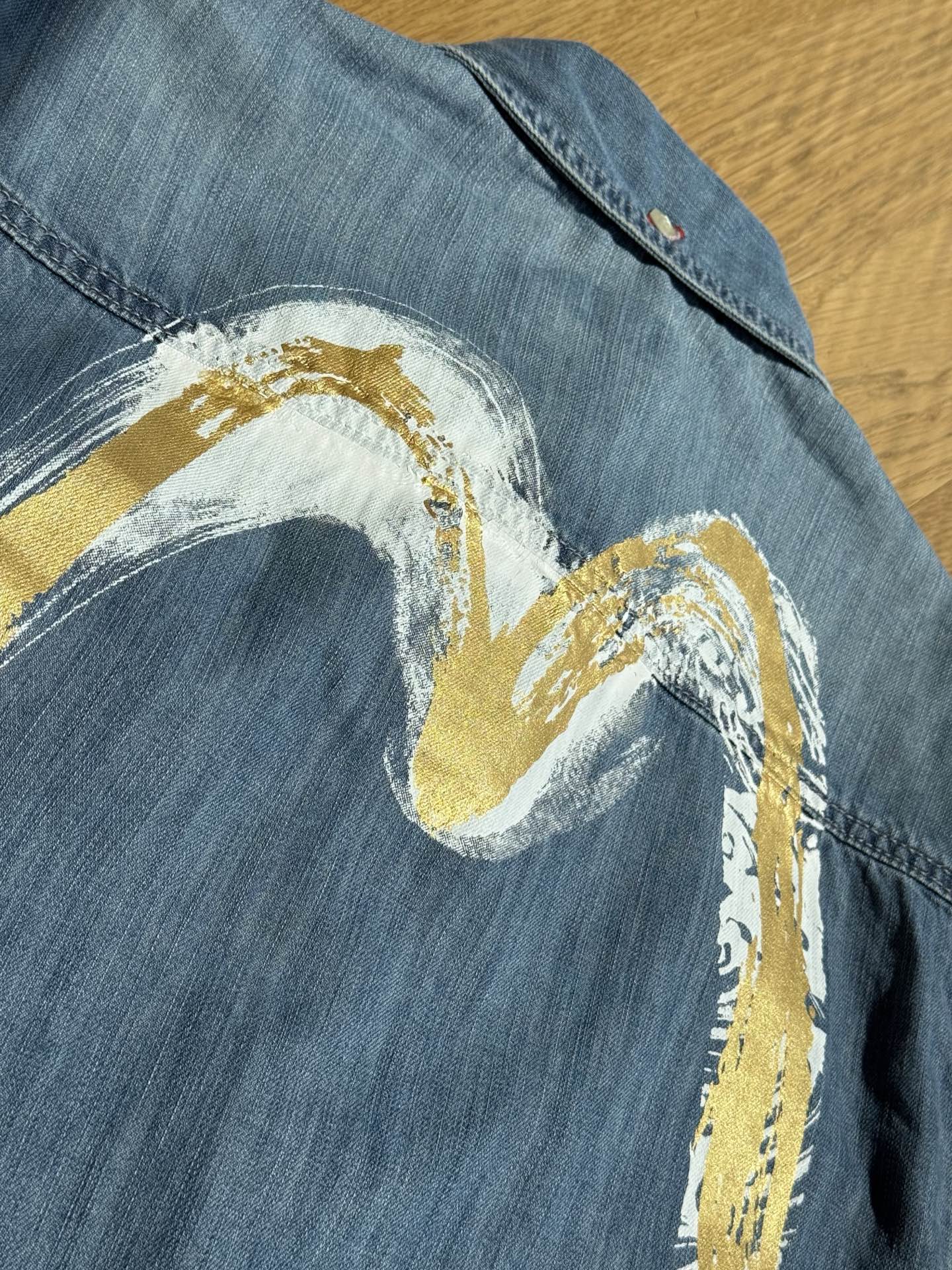 Evisu Artistic Brush Daicock Print Relax Fit Denim Short-Sleeves Shirt