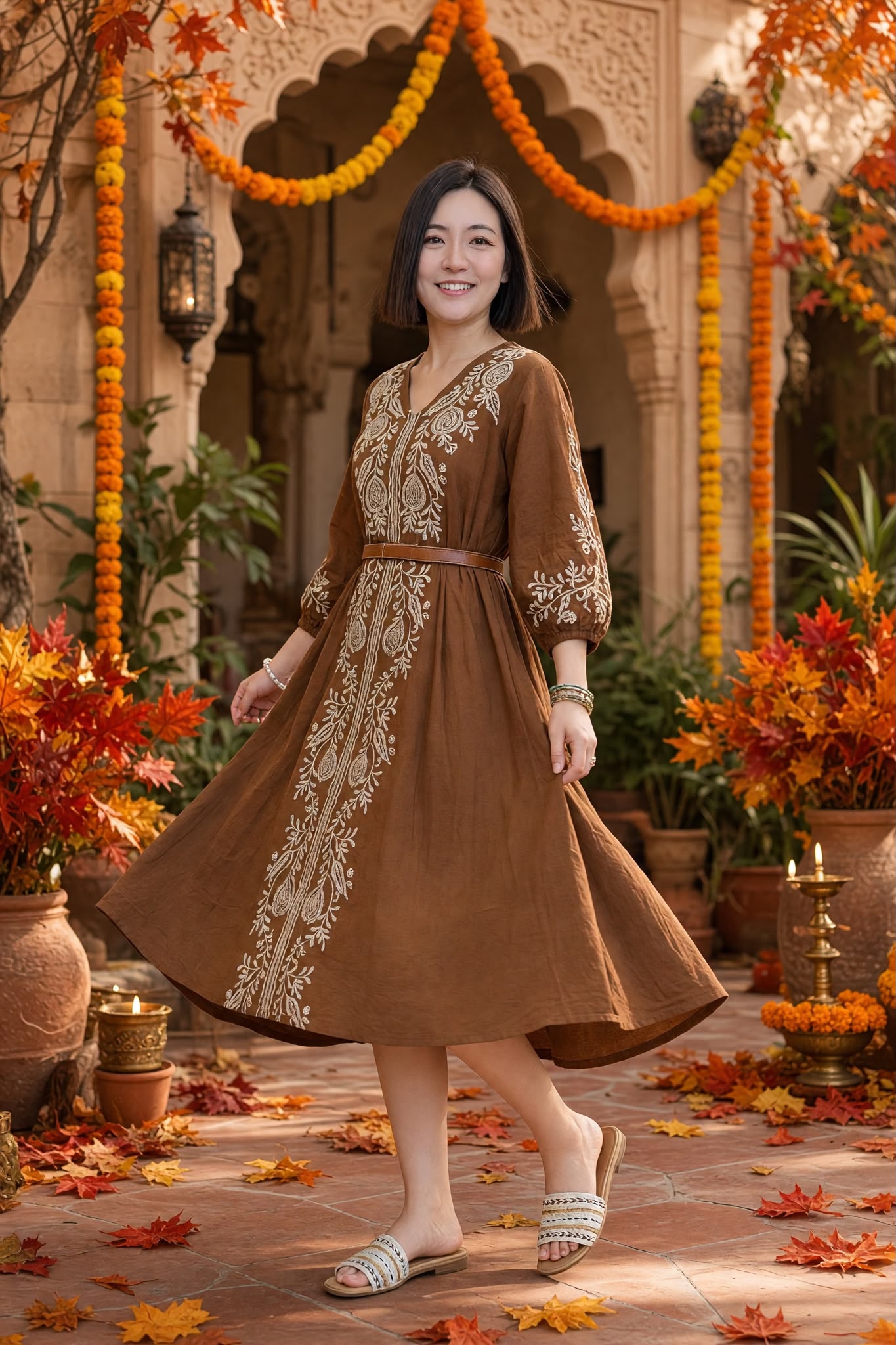 3524 Caramel Brown With Beige Emb Twisted Belt