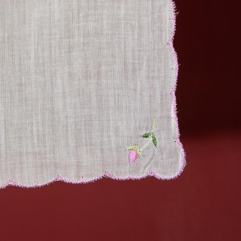 Vintage Unused Handkerchief with Pink Embroidery (EX092)