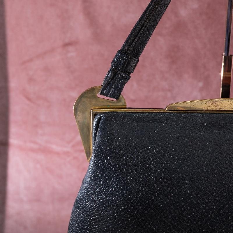 RARE! C.a. 1950s Horn Shaped Hardware Black Faux leather Large Handbag with Dotty Fabric Lining from Germany(NA0636)