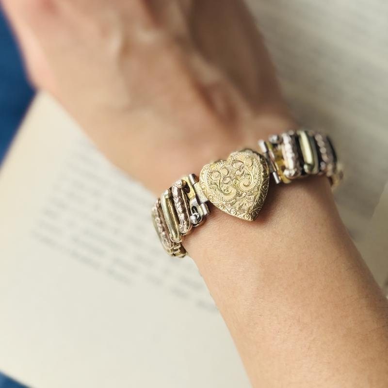 Antique 1910-1940s L.S Gold Filled Two Tone Rose & Yellow Gold Etched Pattern Sweetheart Expandable/Stretchy Bracelet(MT1361)