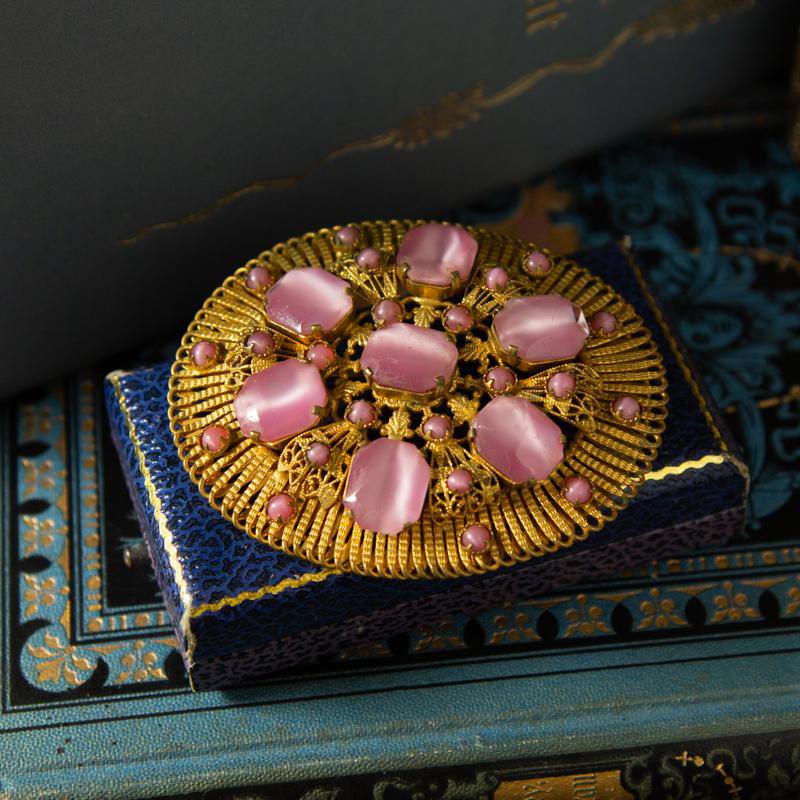 Antique Early 20th Century Czechoslovakia Moonglow Pink Glass Statement Brooch (AI075)