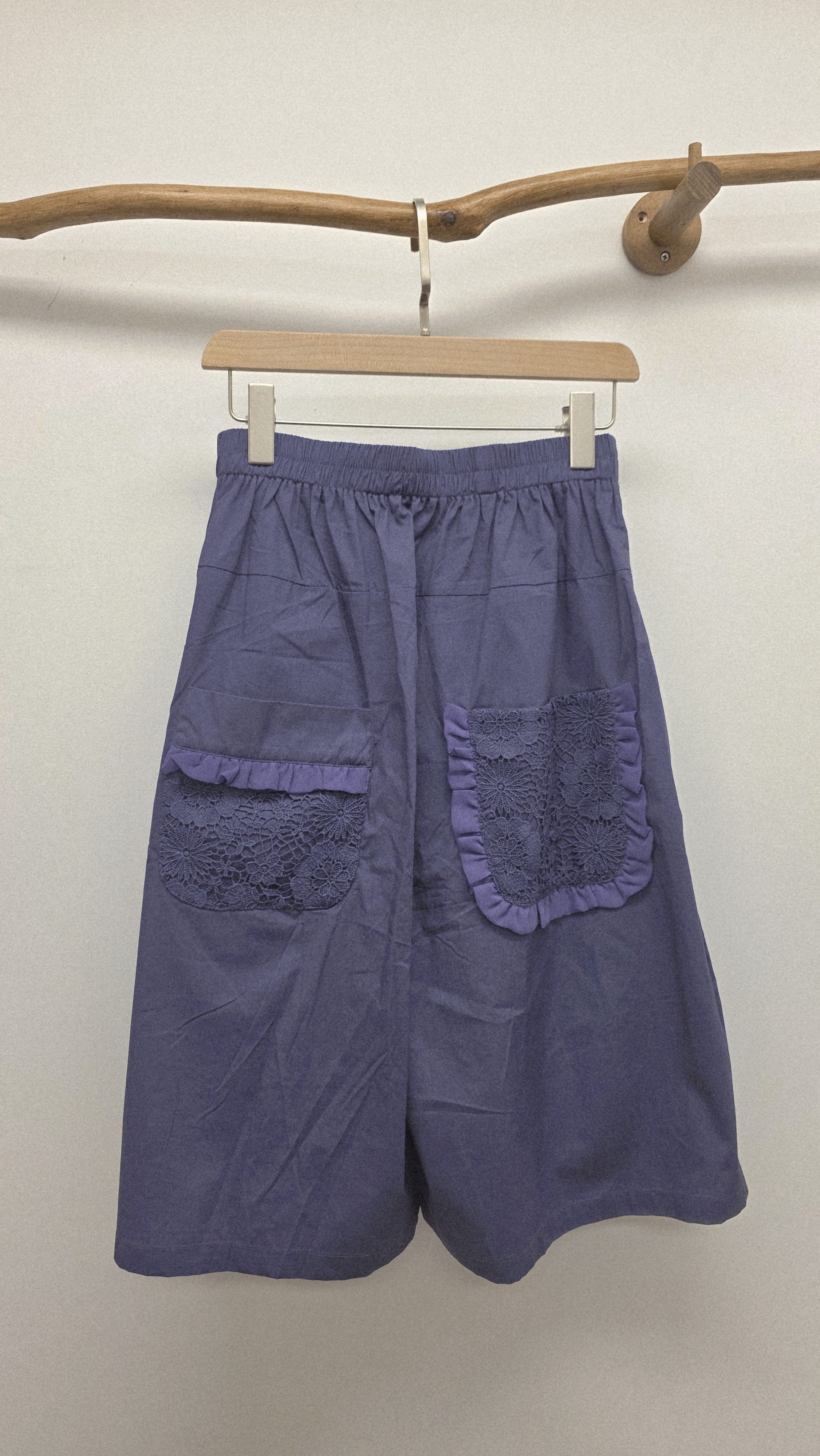 日牌紫拼鴛鴦通花喱士橡筋中長褲