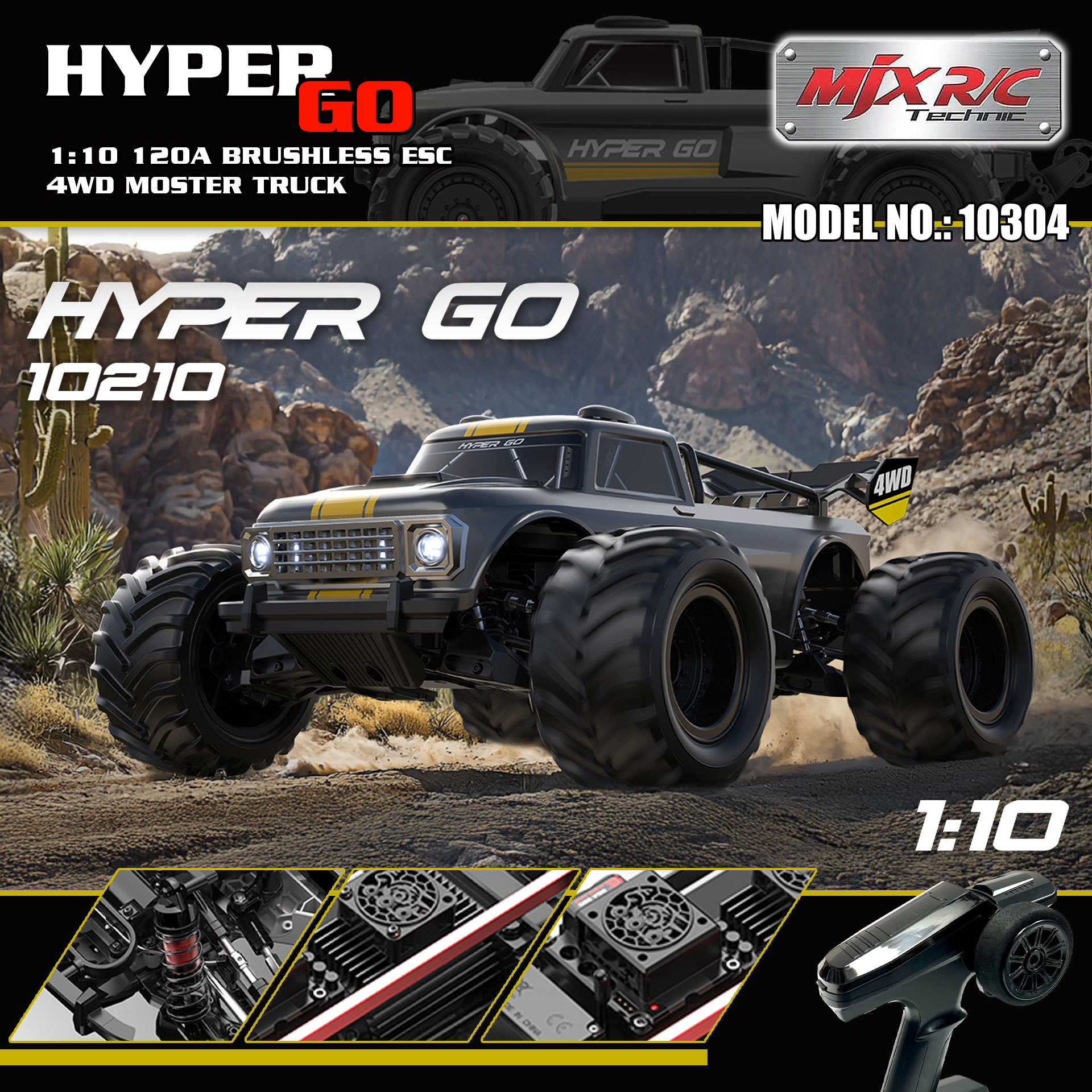 全新 美嘉欣 MJX R/C 1:10 10210 小怪獸 無刷大腳車 | 防翻尾輪 | 金屬齒輪 | 油壓避震 | 可用3S-4S電 | 最高速約80KM/H | 黑色