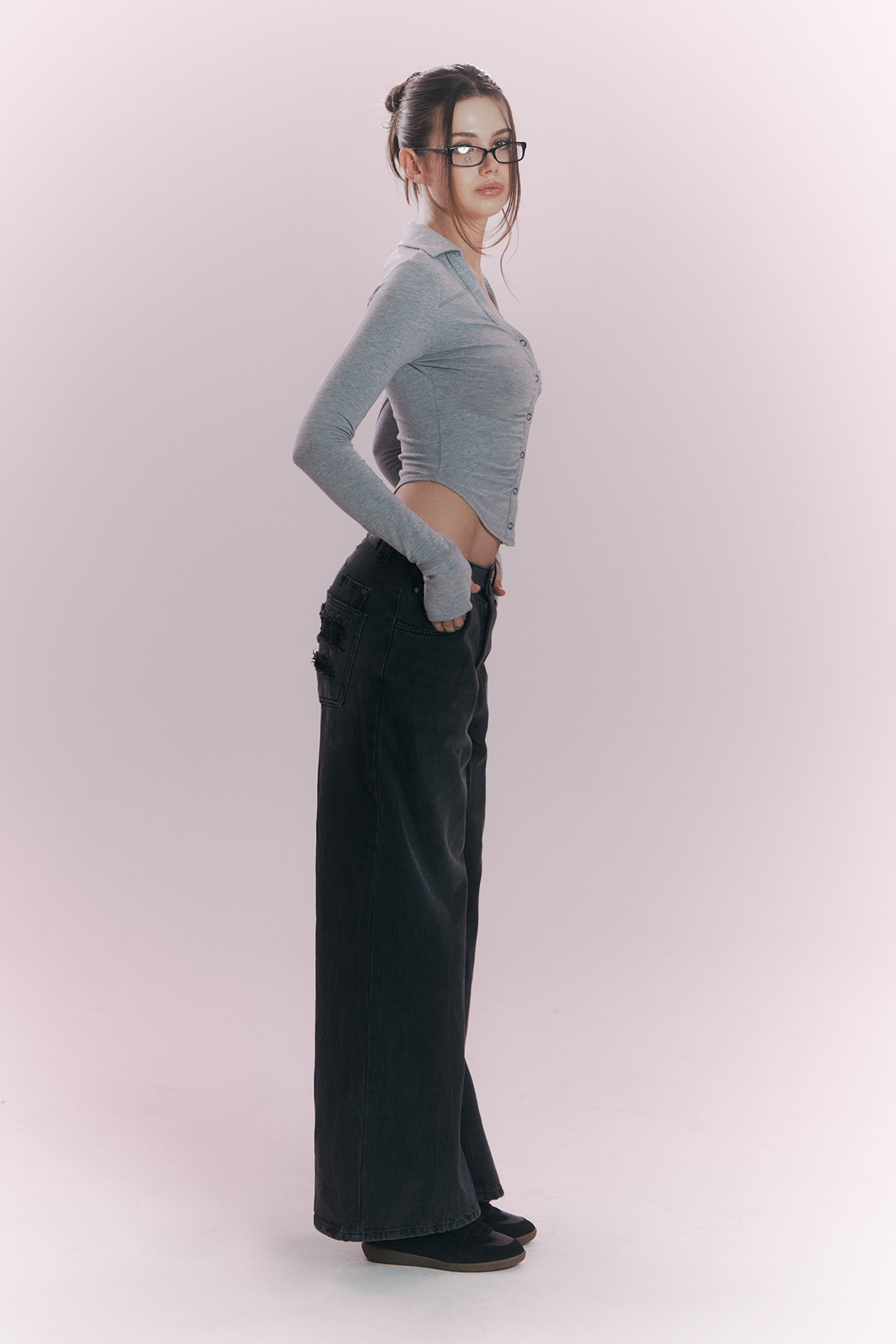 pleaseNOFOLLOW - Mamie Snap Button Slim Shirts (Melange Grey)