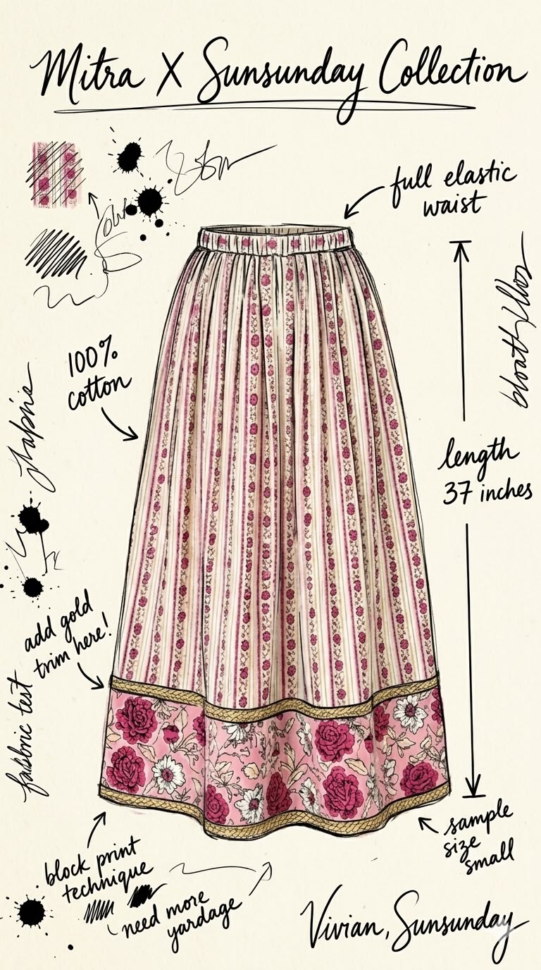 SSD005 White x Pink Flower Block Print Patch Work Skirt 37"