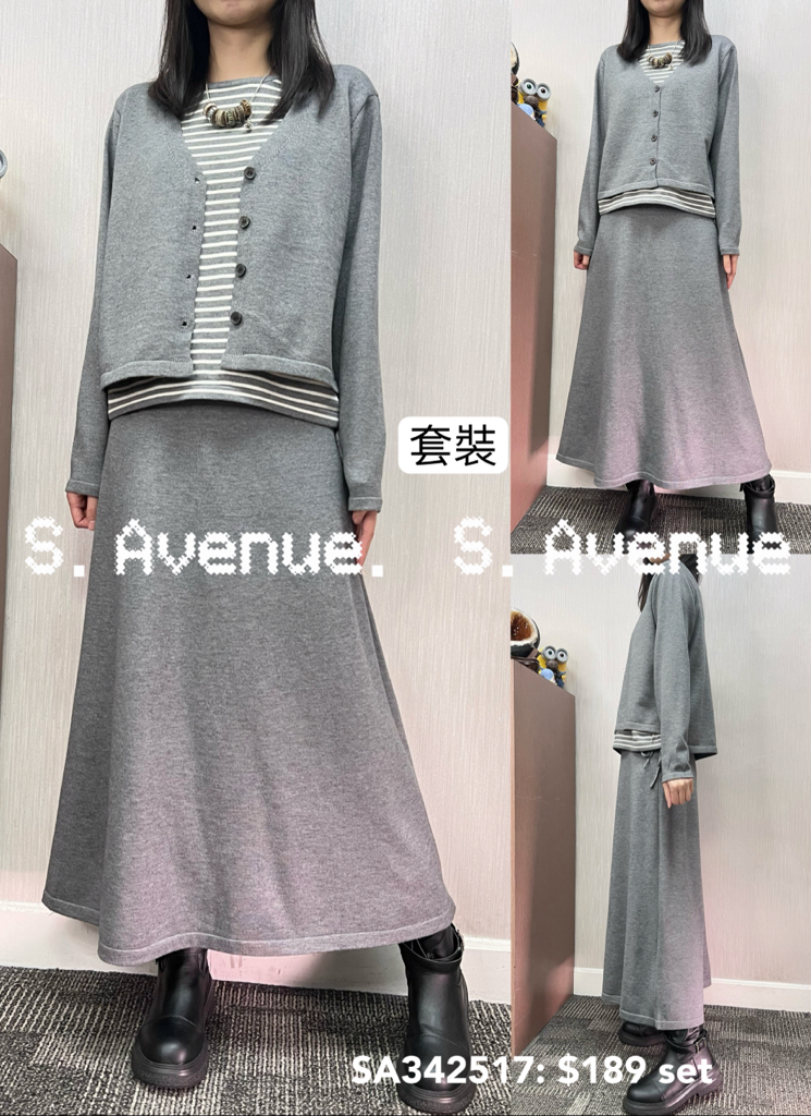 SA342517: 長袖間條假兩件上衣加A字長裙套裝