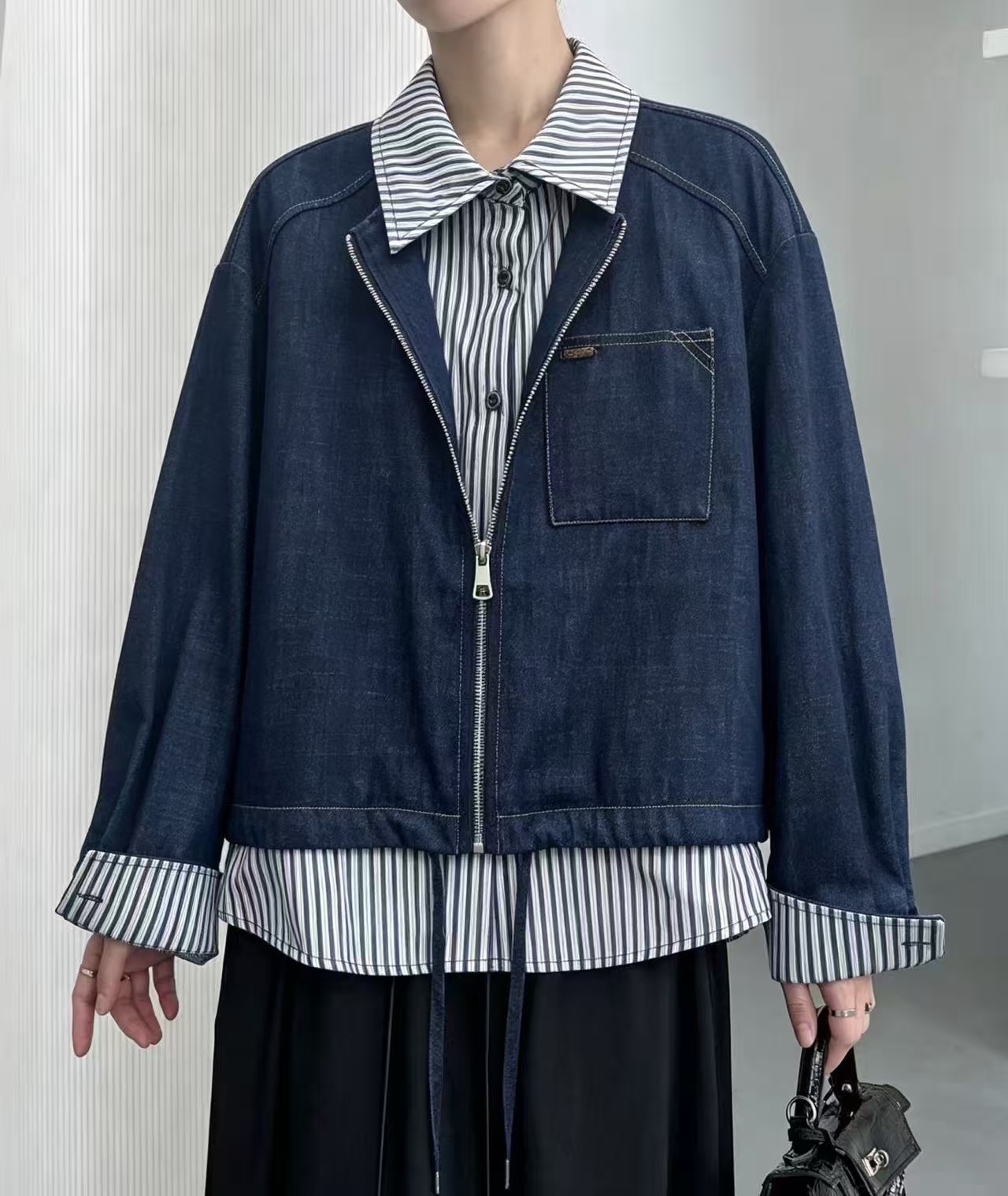 假2 件條子牛仔外套   