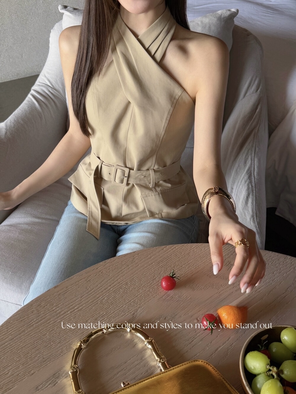 法式设计感老钱交叉挂脖收腰背心 （配腰带） Halter Neck Belted Sleeveless Top