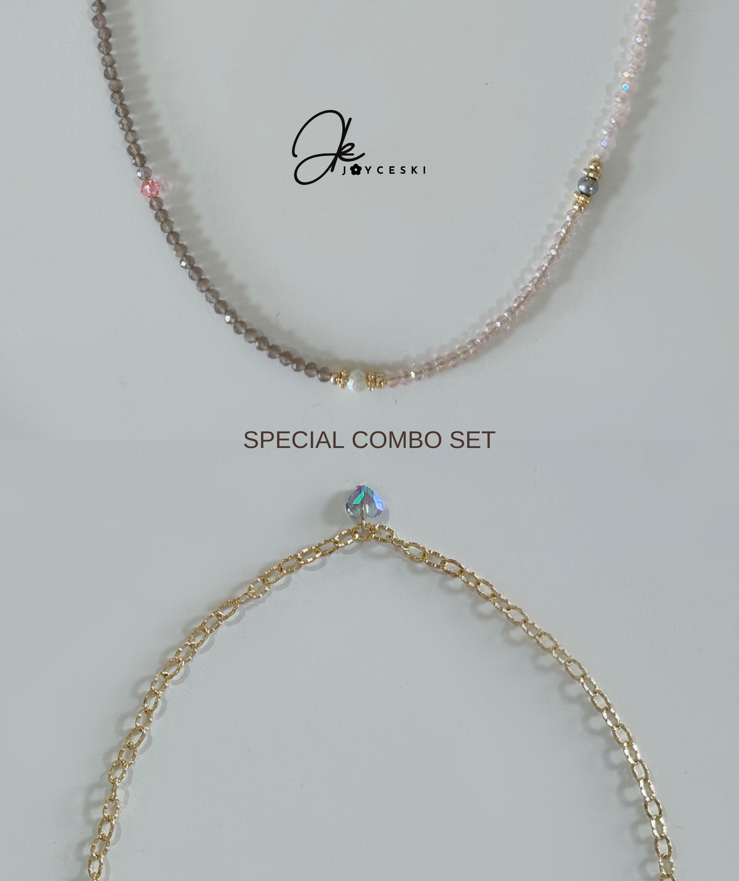 新款頸鍊75折Combo Set - 粉啡混色 x 金色幻彩紫心形吊嘴 *預訂款