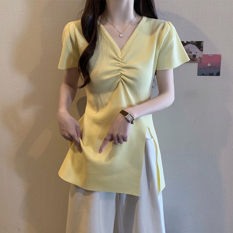 B356(1068) 法式V领前部褶皱下摆大开角黑黄针织长版上衣