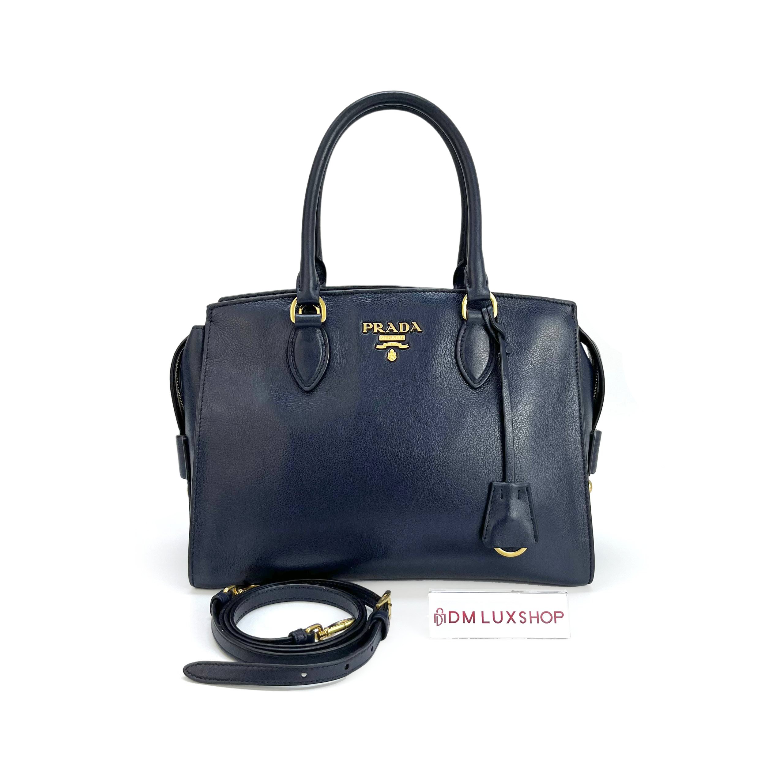 Prada Calf Leather Top Handle Tote Navy GHW