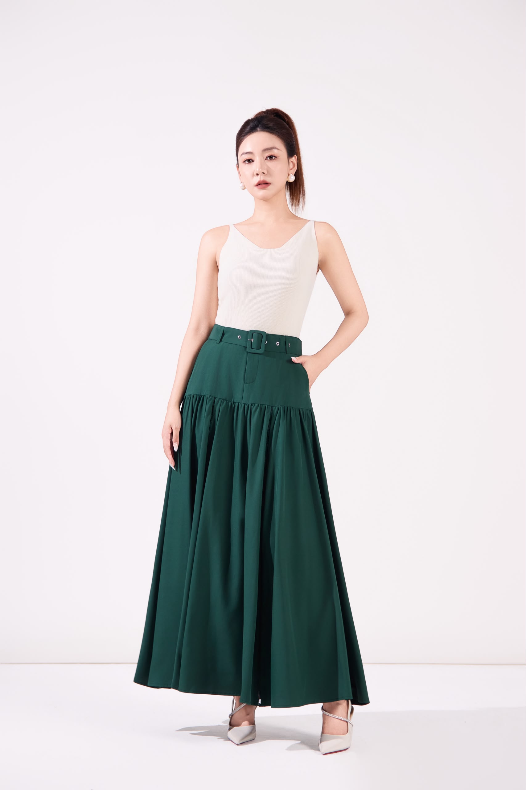 12241368 Belted Gathered Maxi Skirt