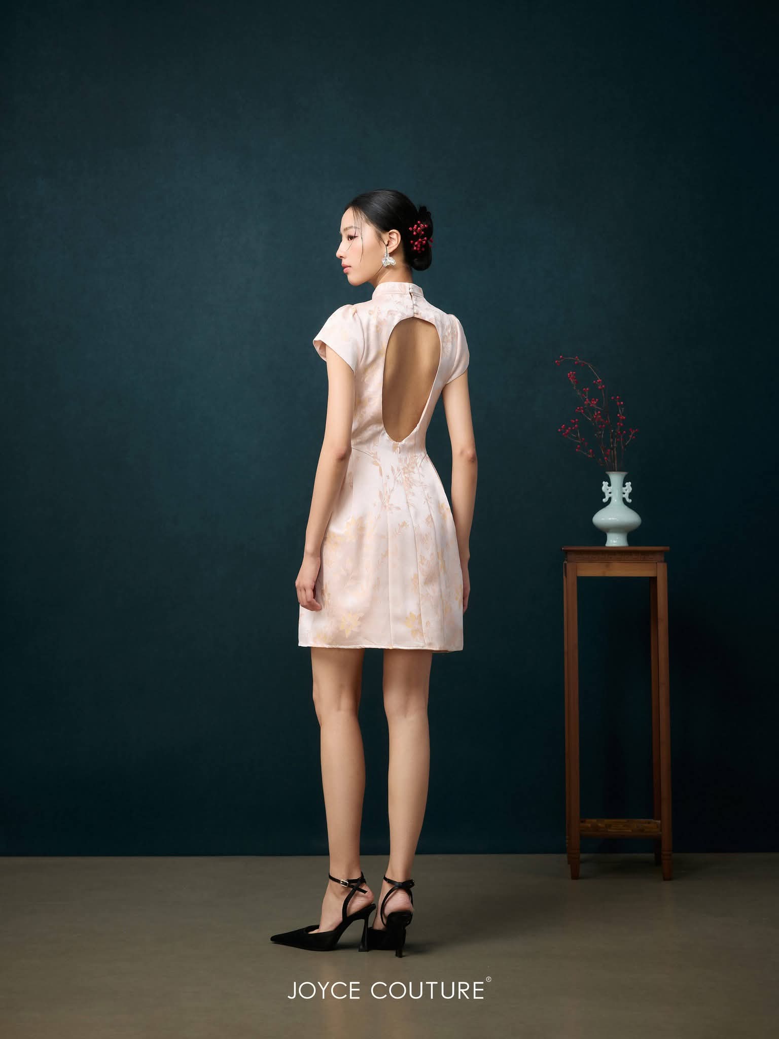 露背自带胸垫旗袍连身裙 D0364