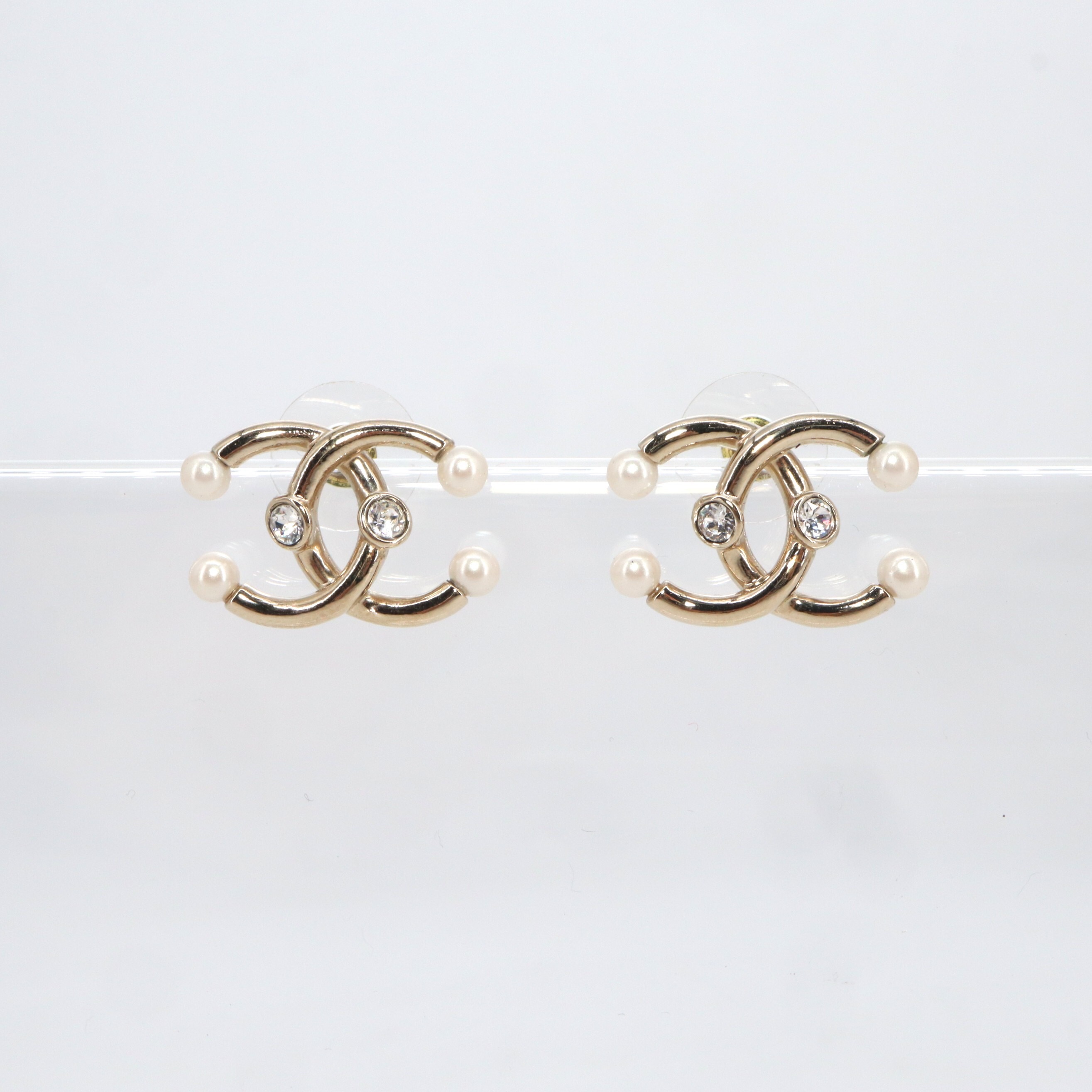 Chanel Coco Mark Rhinestone Faux Pearl Piercing Earrings