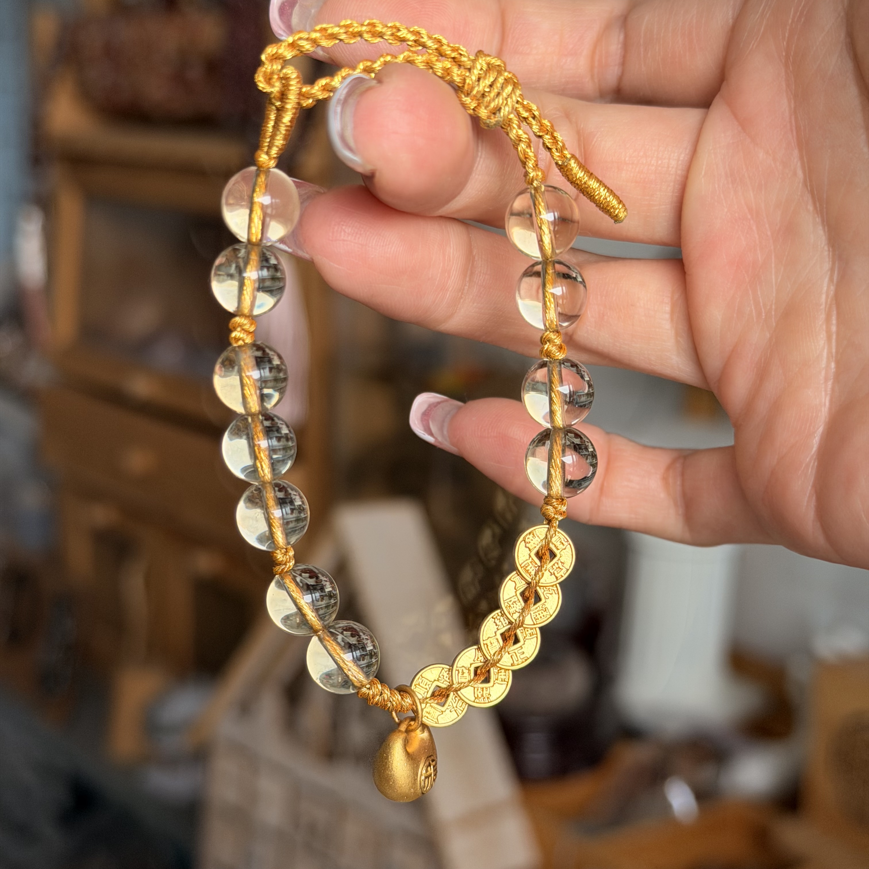 8mm高質黃水晶襯999足金五帝錢&小福袋