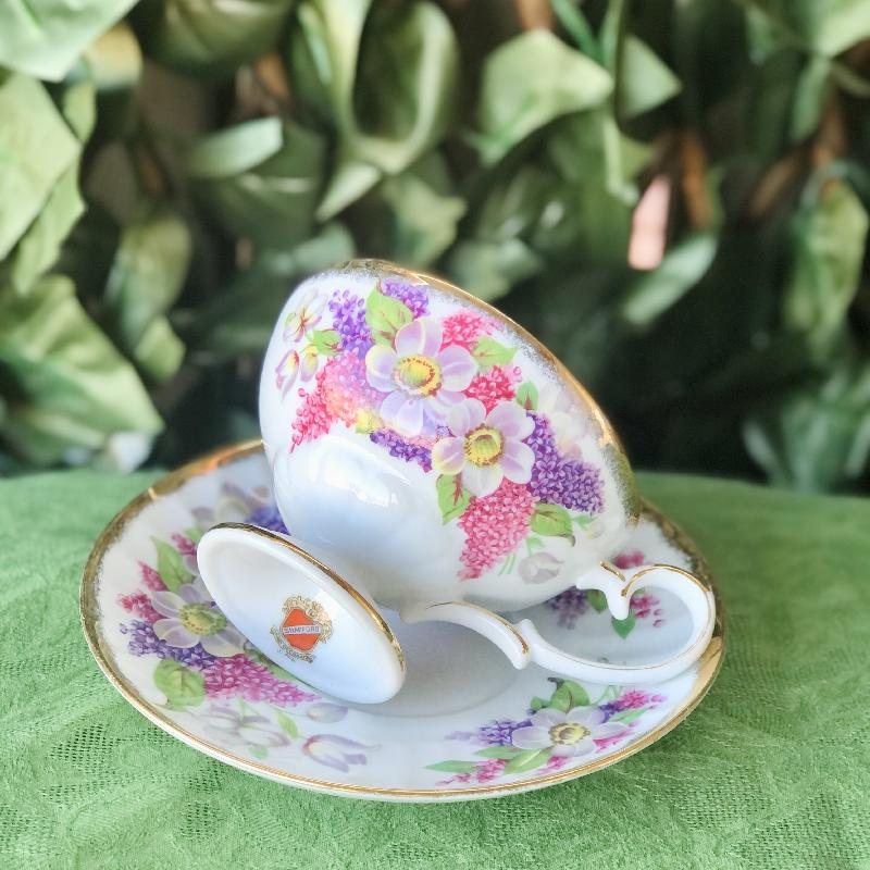 C.a. 1950-60s Japanese Shafford Hand Decorated Pink & Purple Footed Tea Set Duo (MT1682)